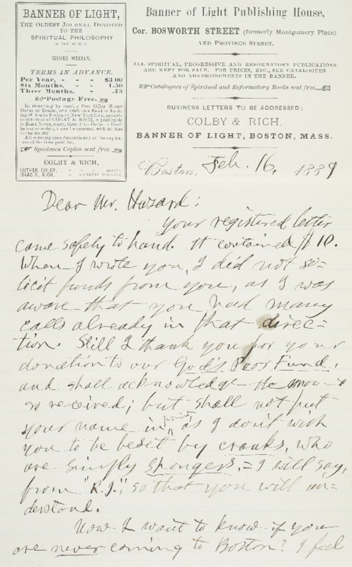 Letter to Joseph Peace Hazard, 1889-02-16