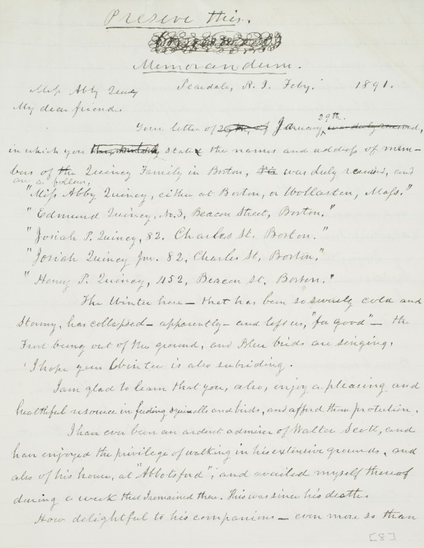 Letter to Abby Quincy, 1891-02