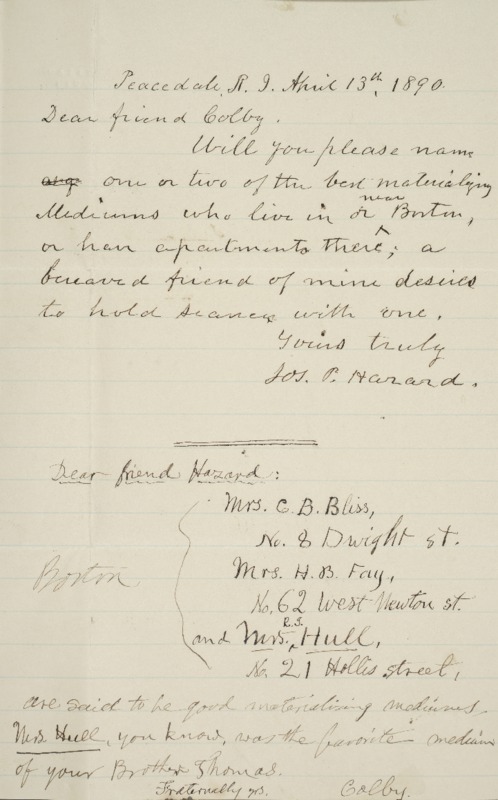 Letter to Luther Colby, with Reply to Joseph Peace Hazard, 1890-04-13