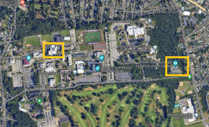 Map of Rhode Island College indicating where the Adams Library and Welcome Center are located on campus. 